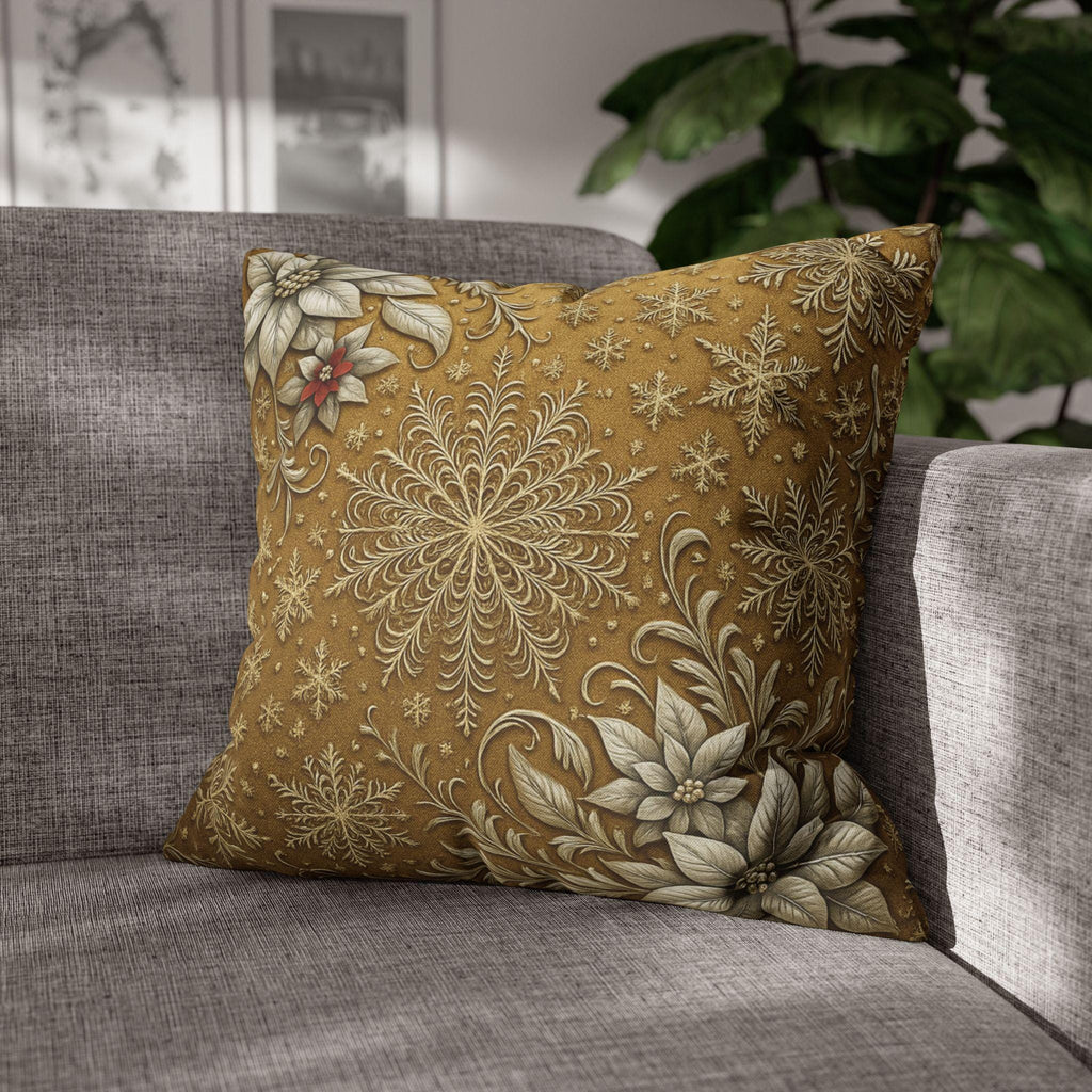 Elegant Vintage Inspired Pillow Cover: Silver Poinsettia and Snowflakes on a Rich Golden Background