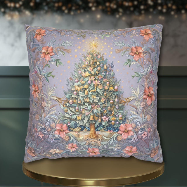 William Morris Christmas Pillow Cover: Frosted Pastel Tree, Lilac and Pink Botanical Holiday