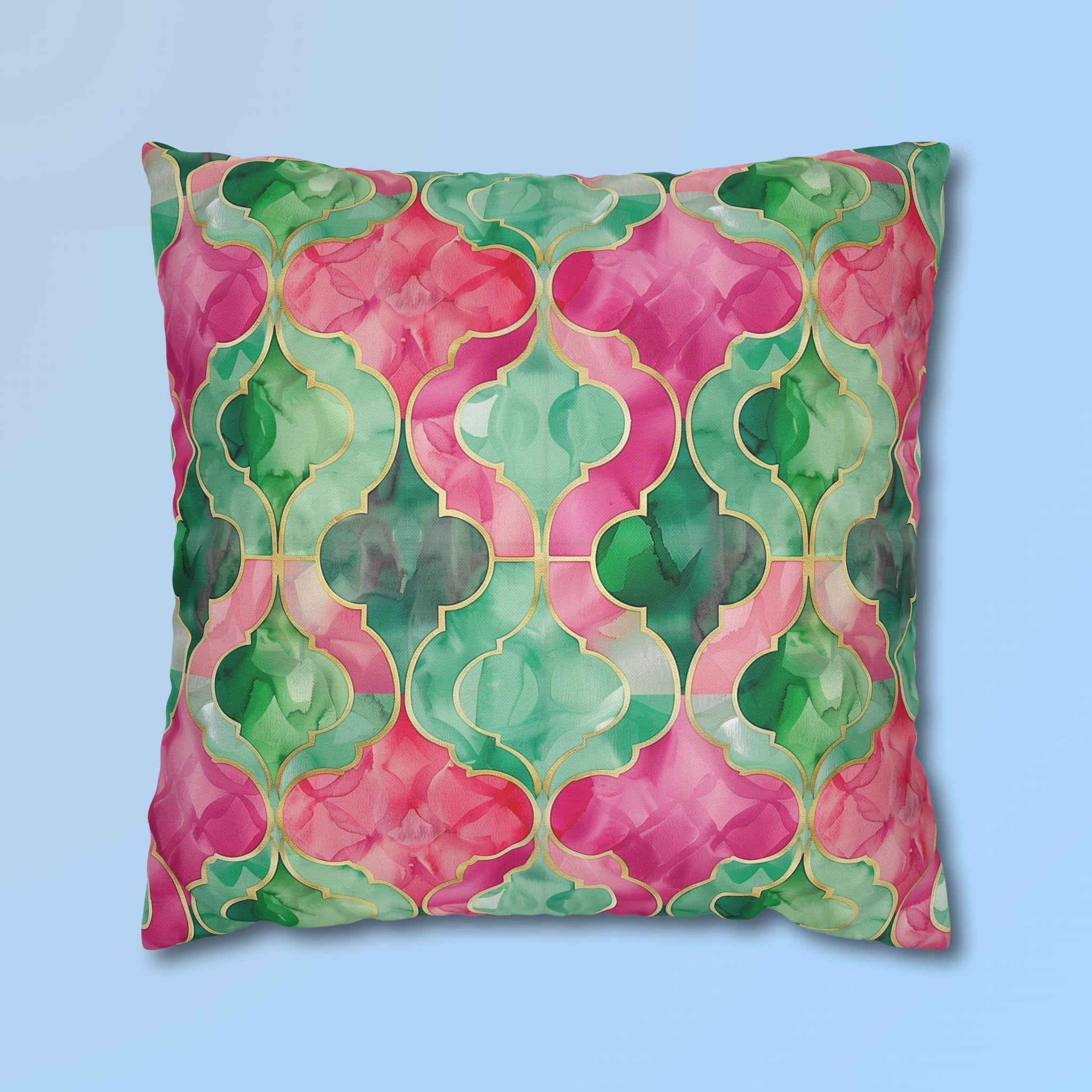 Moroccan Tile-Inspired Pillow Cover | Vibrant Pink & Green Watercolor Design | Elegant Home Decor
