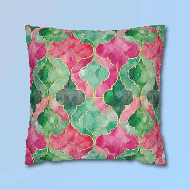 Moroccan Tile-Inspired Pillow Cover | Vibrant Pink & Green Watercolor Design | Elegant Home Decor