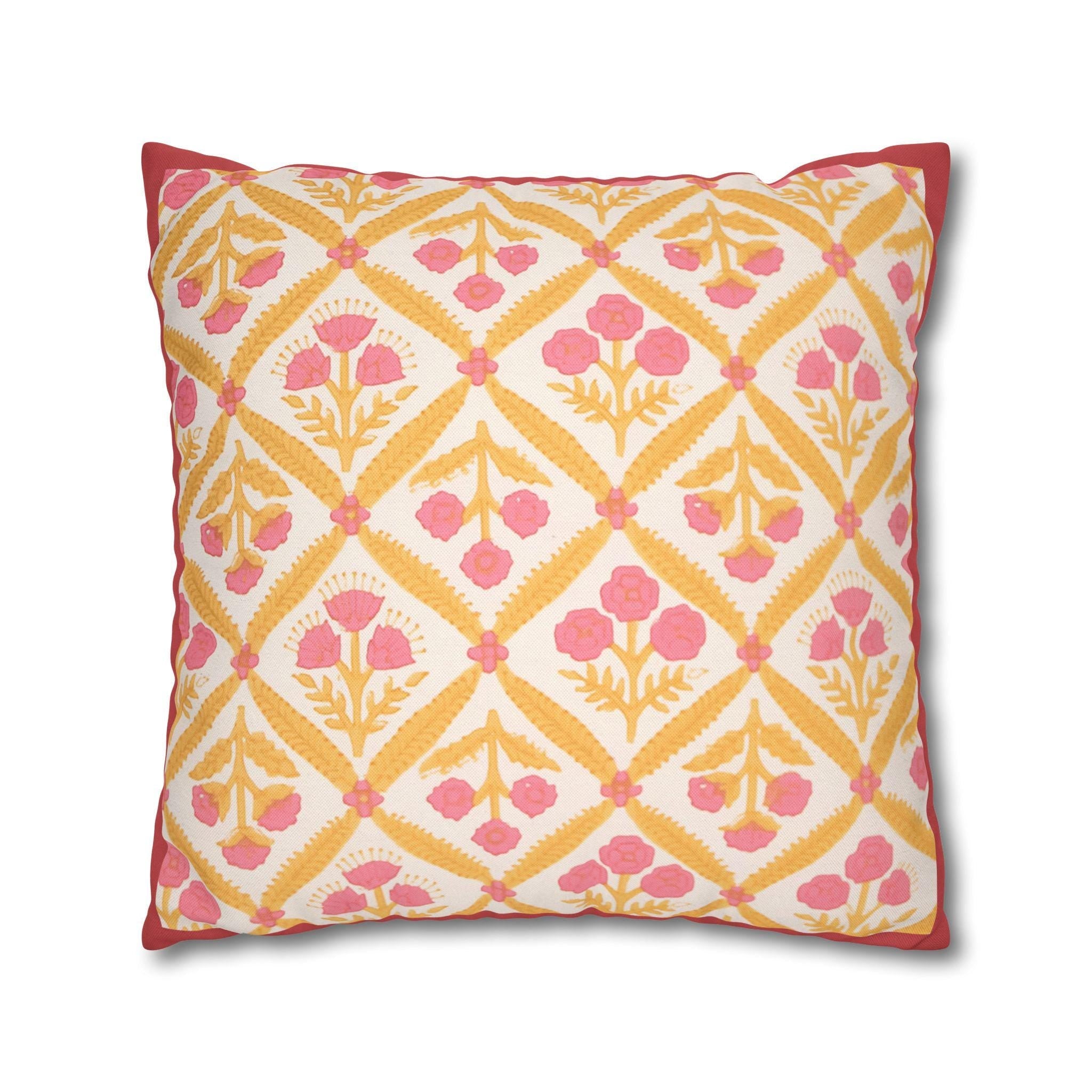 Reversible Floral Pillowcase: Pink & Coral Blossoms with Diamond Lattice - Decorative Home Accent Gift