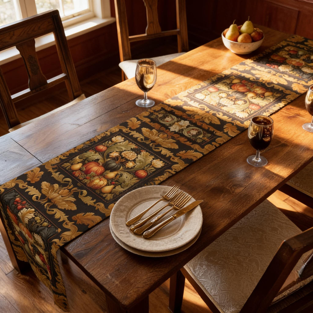 William Morris Inspired Fall Table Runner: Vintage Harvest Tapestry in Deep Brown, Gold, & Rust