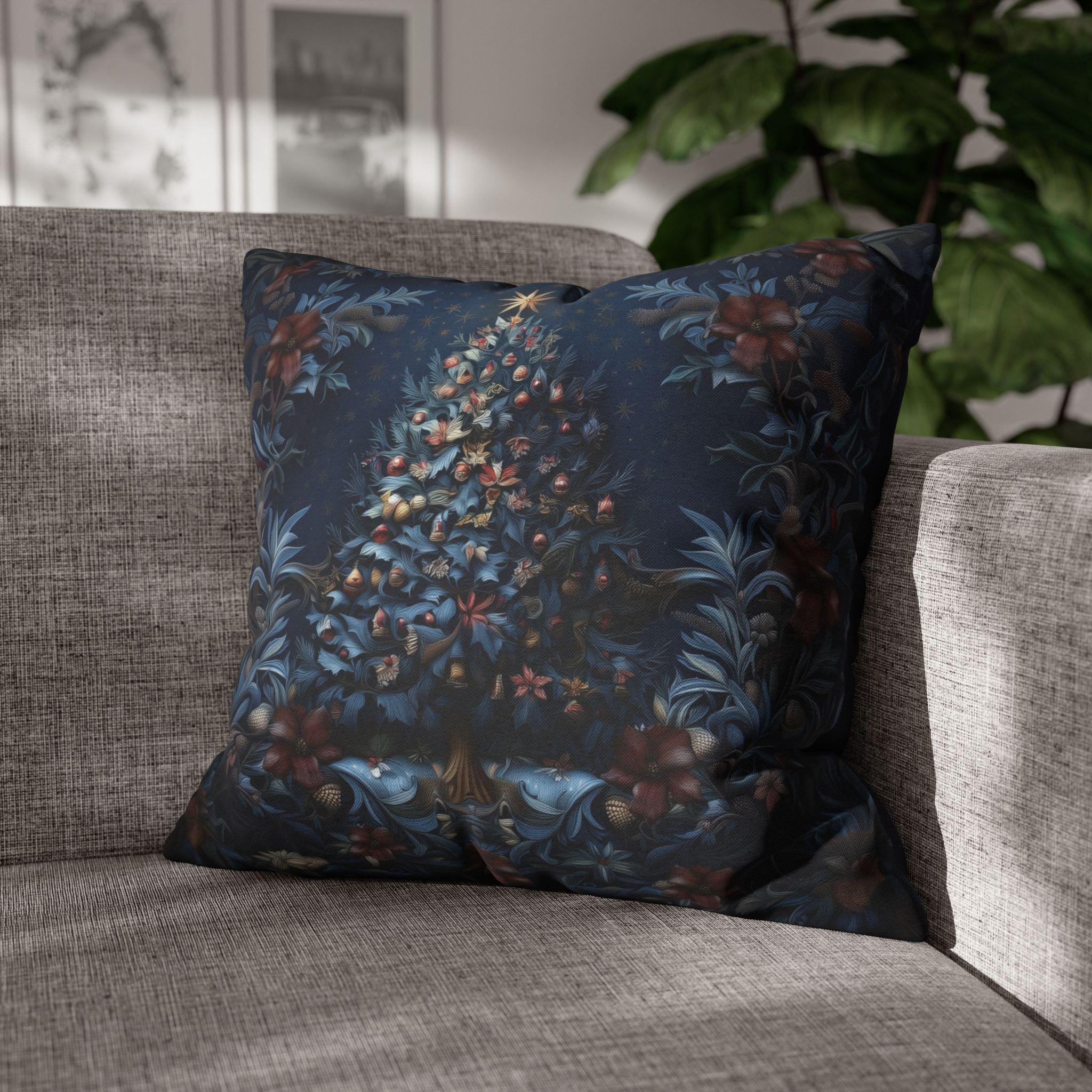 William Morris Christmas Tree Pillow Cover: Navy Vintage Style Holiday Decor