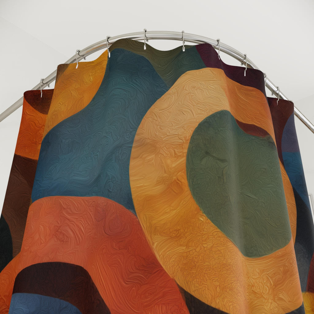 Retro Bold Circle Pattern Fabric Shower Curtain: Burnt Orange, Gold, Teal on Black Background