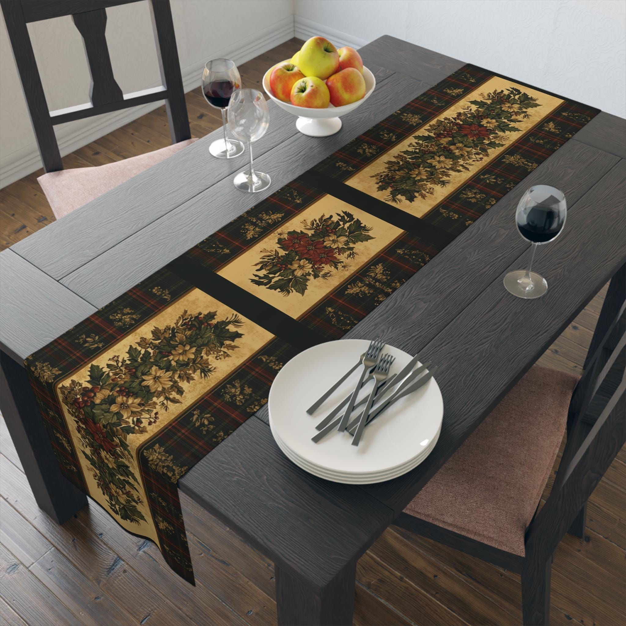 Plaid Botanical Stripes Christmas Table Runner: Vintage Style with Poinsettias and Holly
