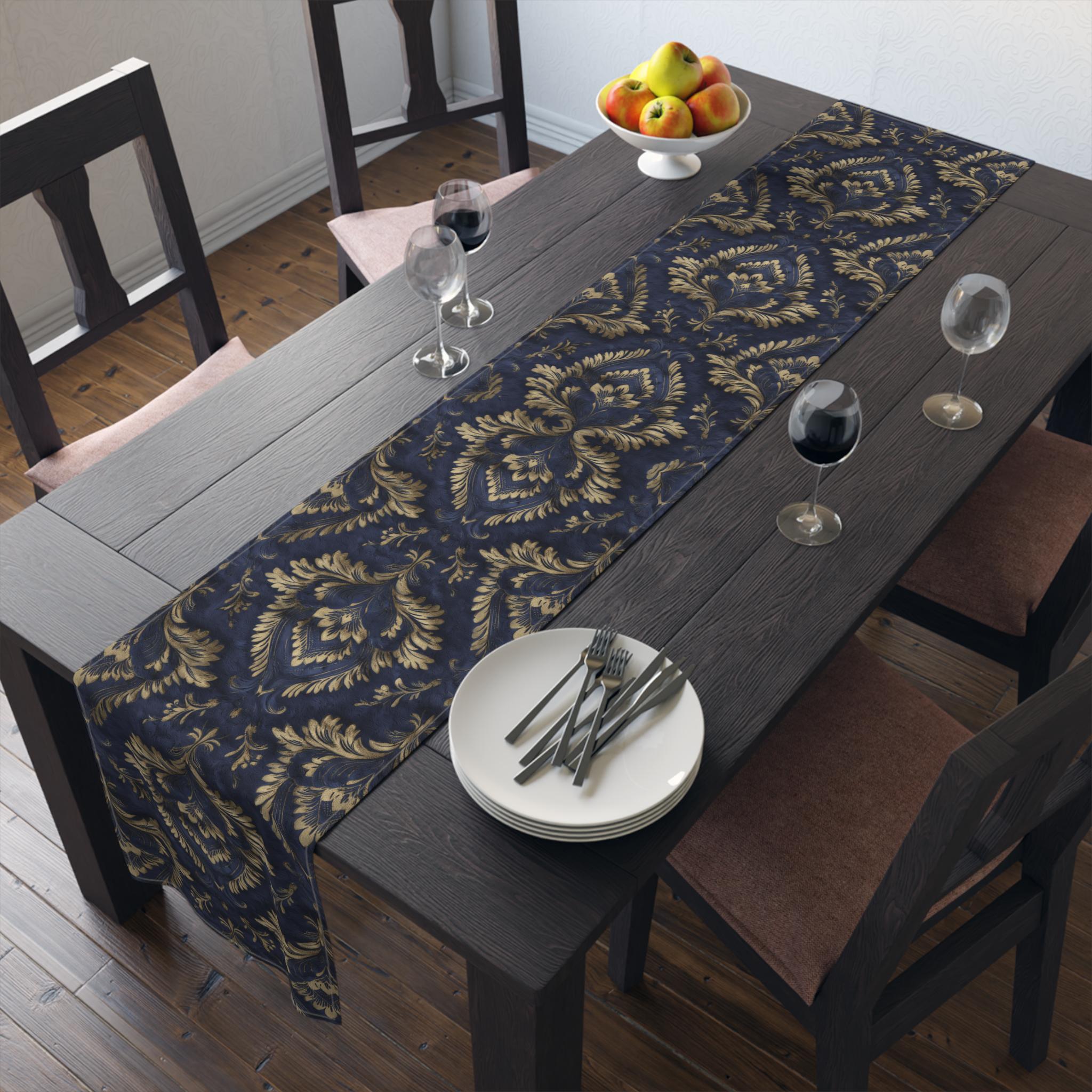 Royal Blue & Gold Damask Table Runner: Faux Brocade Holiday Accent