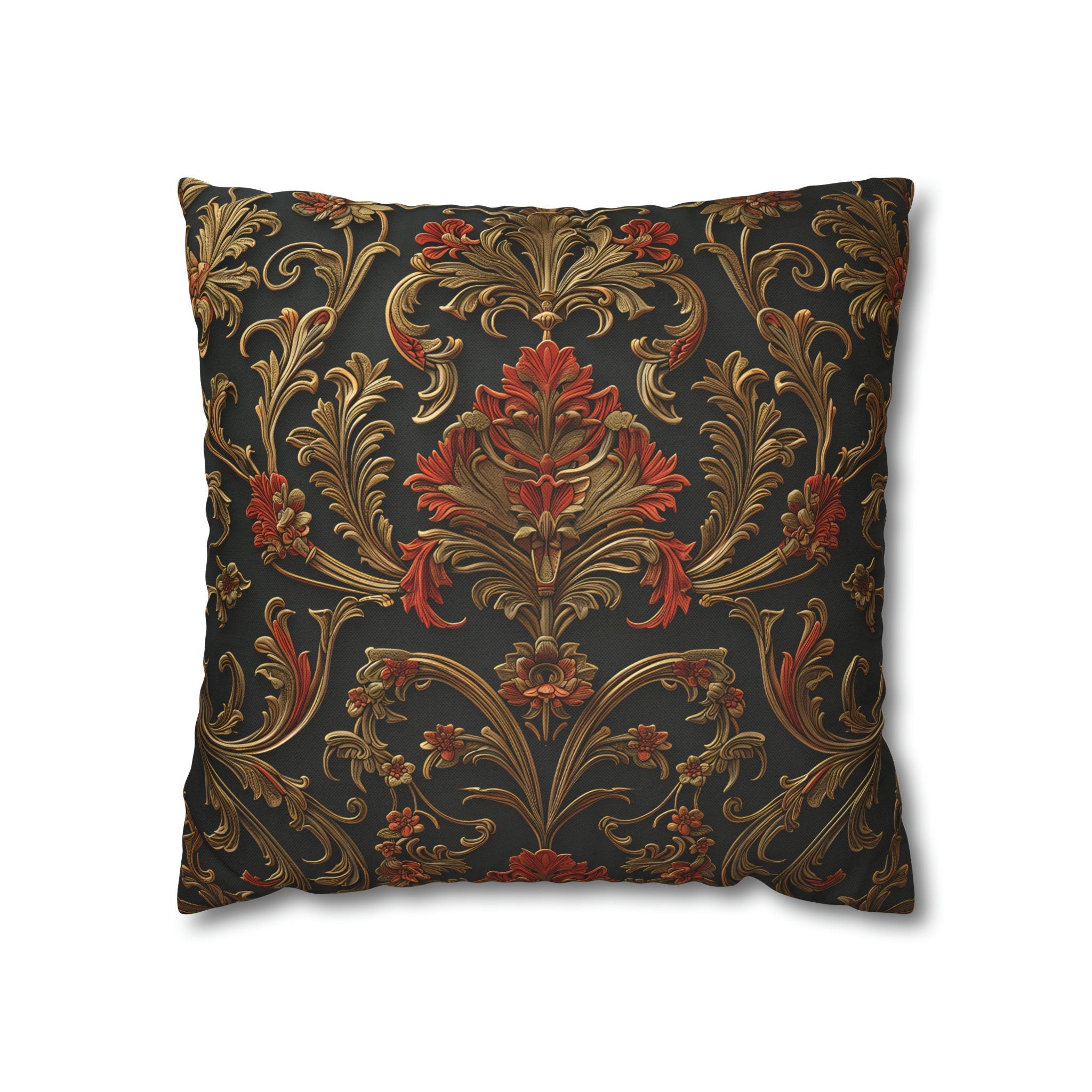 Classic Baroque Pattern Pillow Cover | Dark Background with Red & Gold | Traditional Elegance