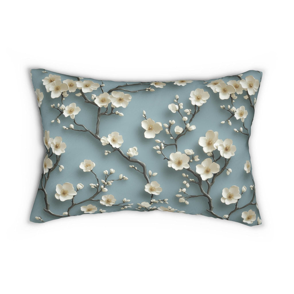 Chinoiserie Lumbar Pillow: Blue-Teal Gradient with Cherry Blossom Design - Elegant Home Decor Accent