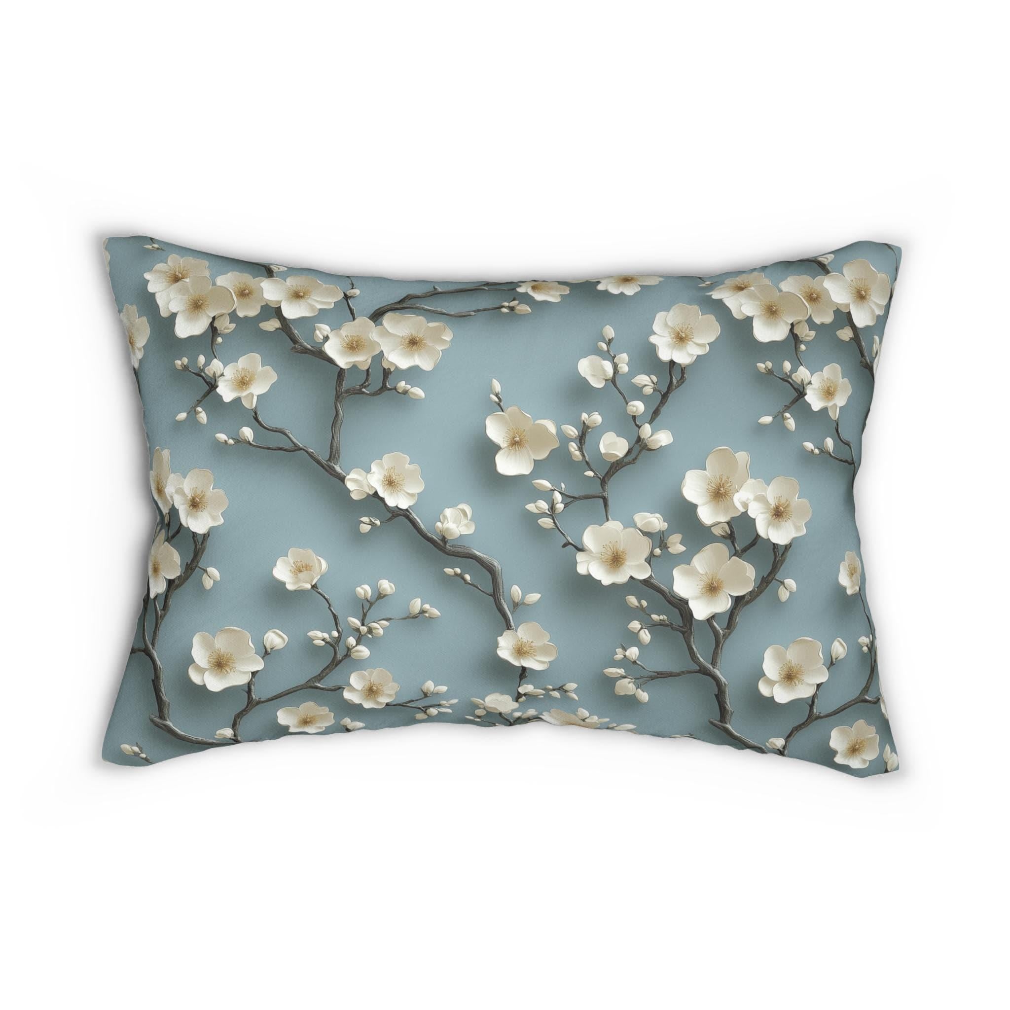Chinoiserie Lumbar Pillow: Blue-Teal Gradient with Cherry Blossom Design - Elegant Home Decor Accent