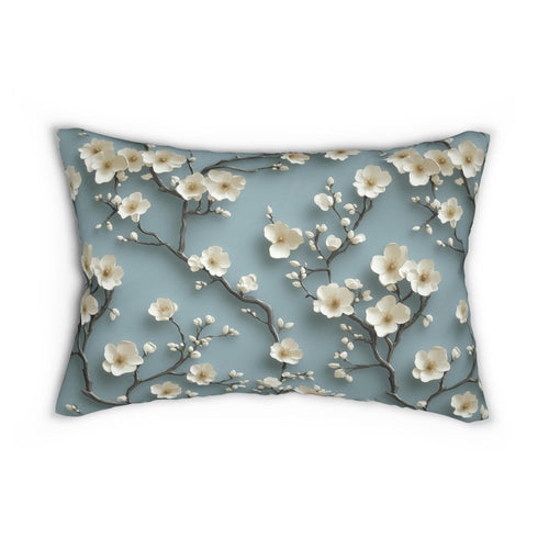 Chinoiserie Lumbar Pillow: Blue-Teal Gradient with Cherry Blossom Design - Elegant Home Decor Accent
