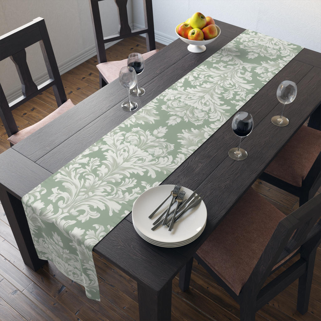Elegant Muted Green Damask Table Runner: Timeless Floral Design for Weddings, Dining & Home Decor