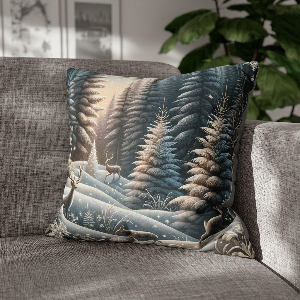 Elegant Winter Forest Pillow Cover: 3D-Rendered Snowy Scene with Wildlife for Festive Home Decor