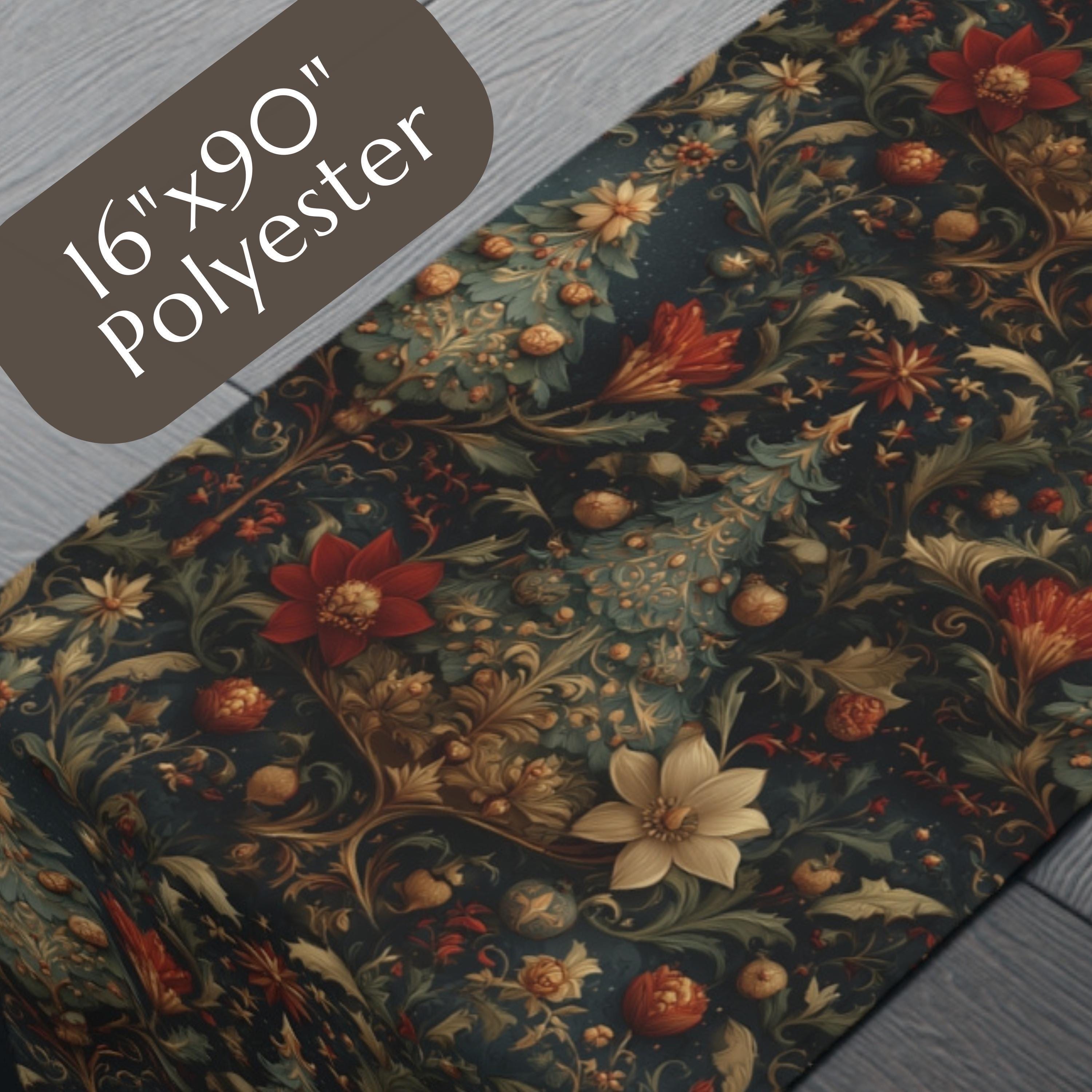 Intricate Christmas Table Runner: William Morris Holiday Botanical Pattern, Dark Red & Gold