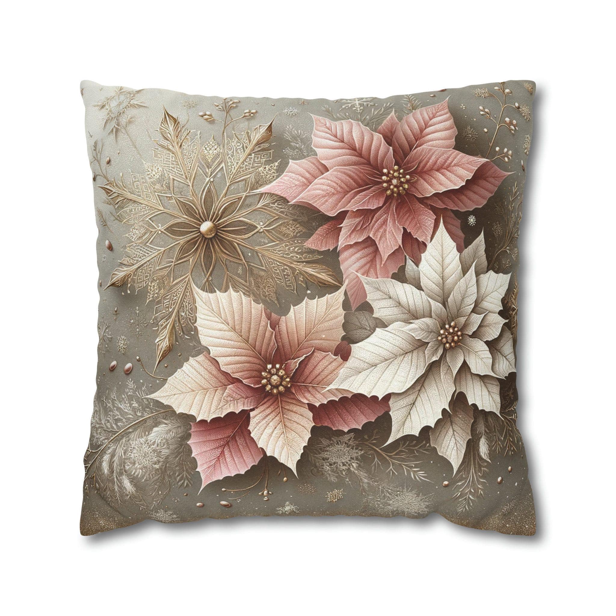 Holiday Pillow Cover, Pale Gold Snowflakes & Pink Poinsettias (Multiple Sizes)