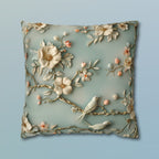 Chinoiserie Pillow Cover: 3D Birds & Blooms, Pastel Blue Accent