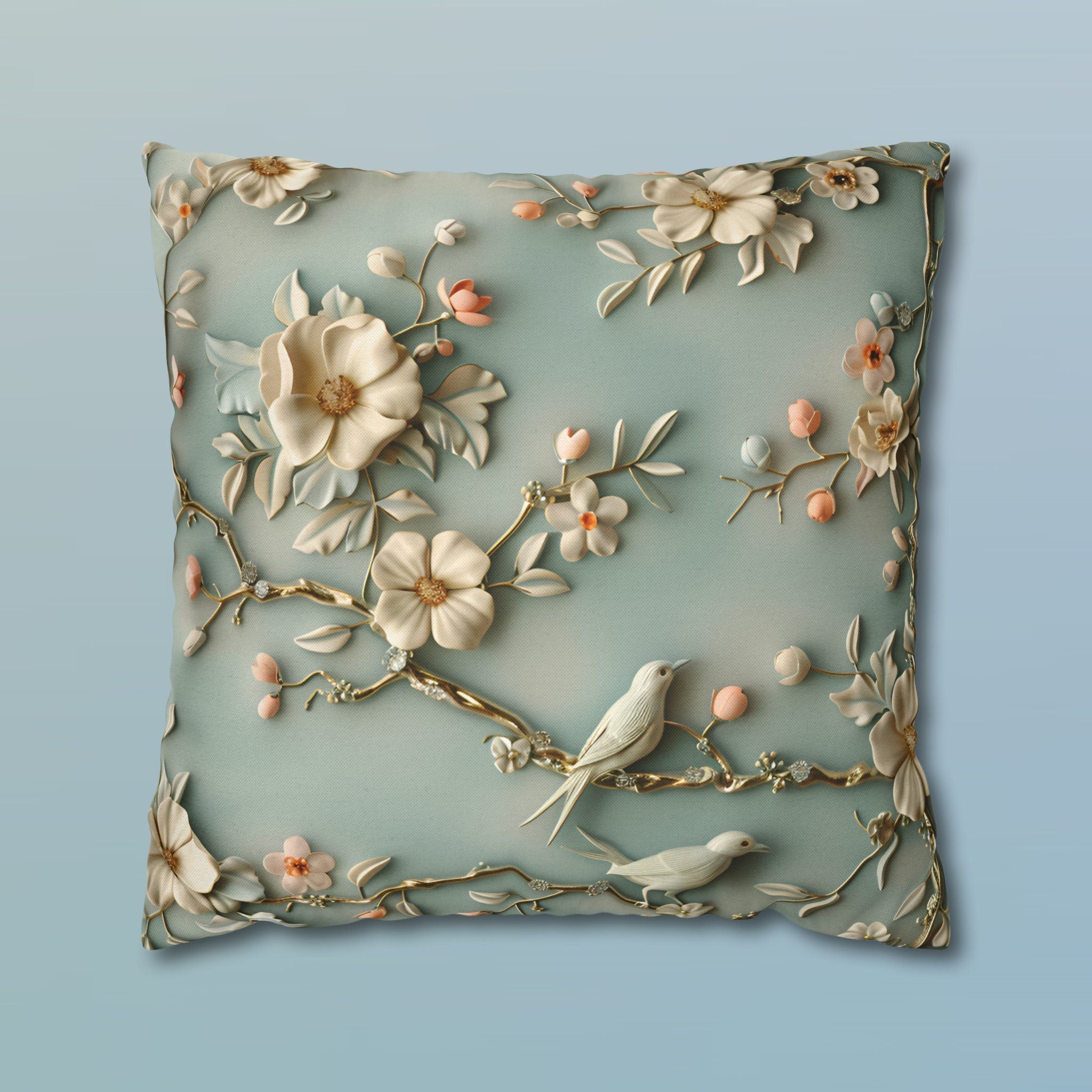 Chinoiserie Pillow Cover: 3D Birds & Blooms, Pastel Blue Accent