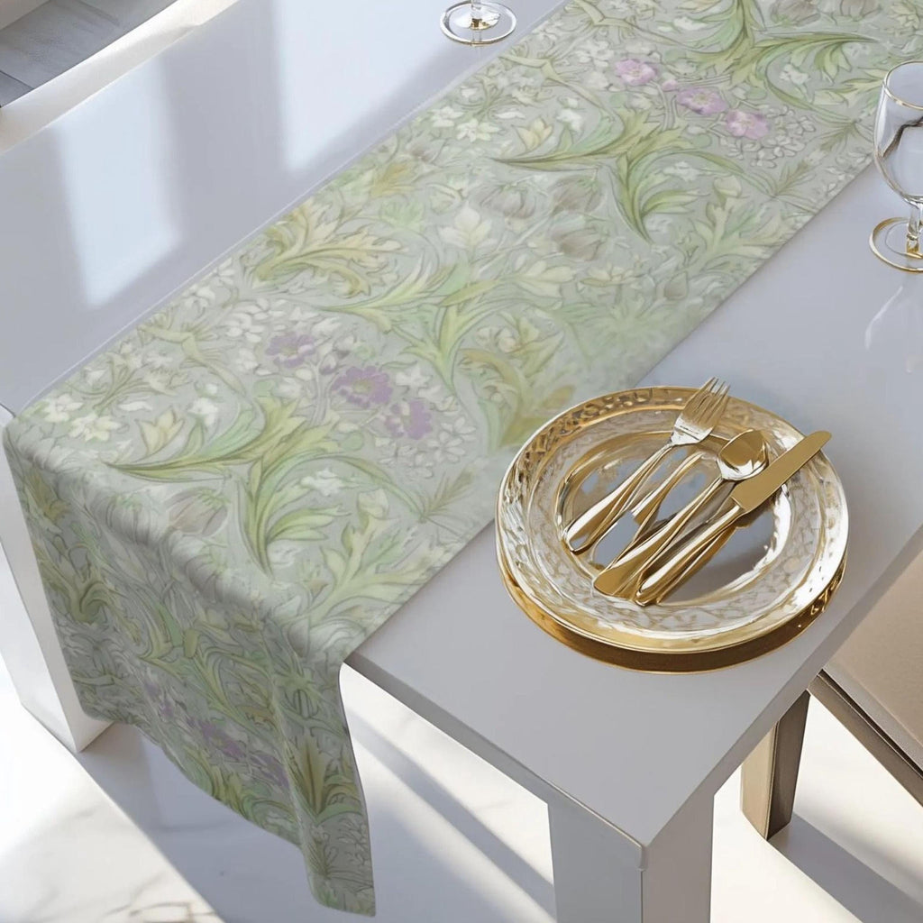 William Morris inspired Table Runner: Soft Sage Botanical with Muted Lavender