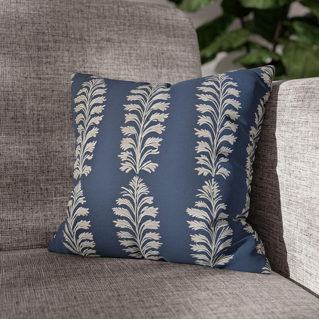 Slate Blue Botanical Pillow Cover: Ivory Leaf Stripe, Farmhouse Decor