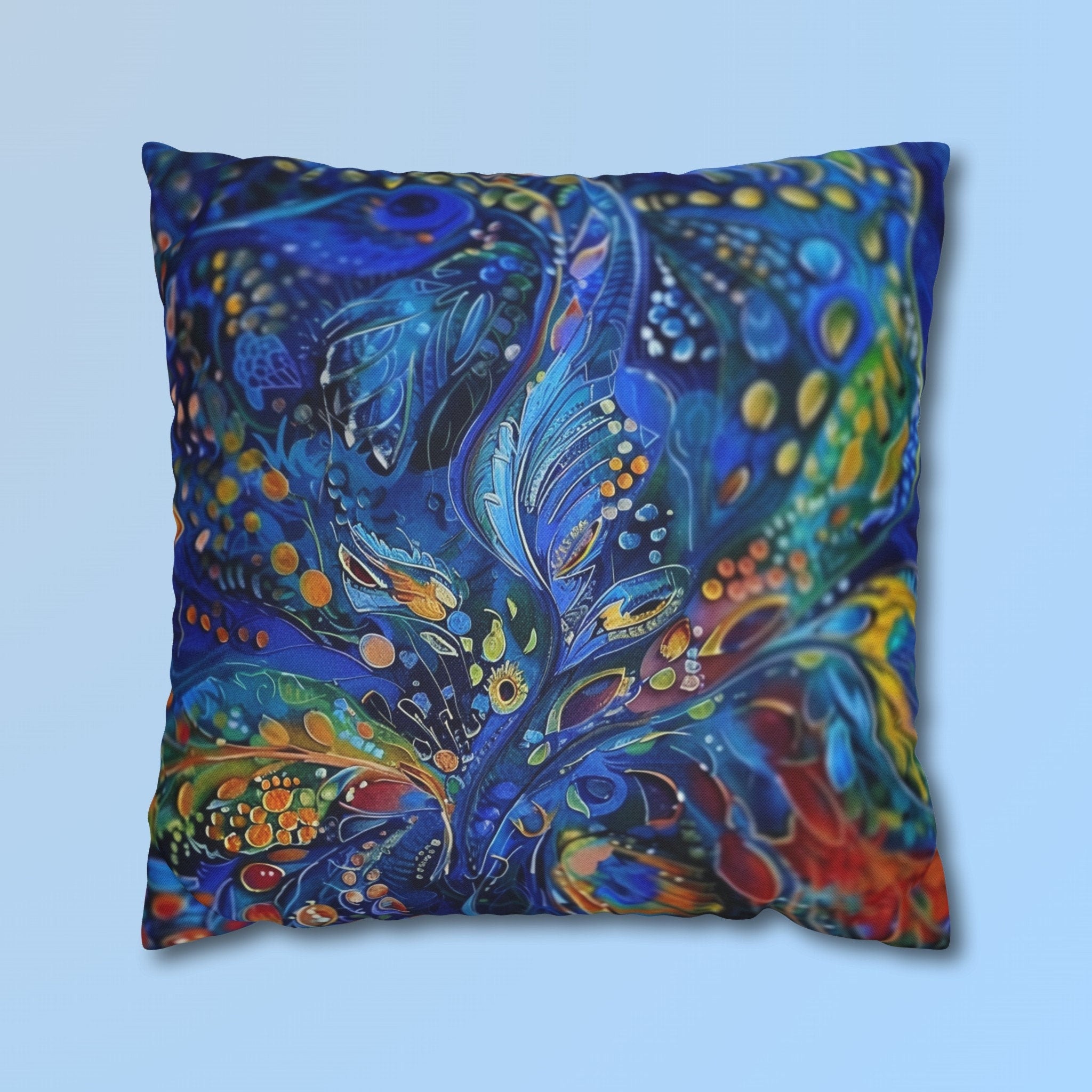 Peacock Feather Pillow Cover: Abstract Blues & Greens Artistic Design