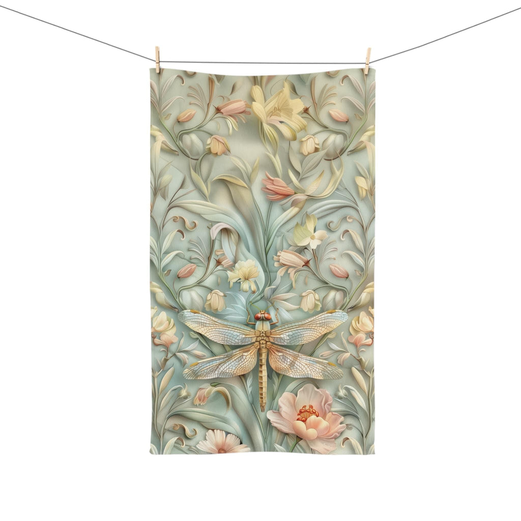 William Morris Dragonfly Hand Towel: Blue, Gold Wings Pink, Cream Flowers Elegant Nature Design