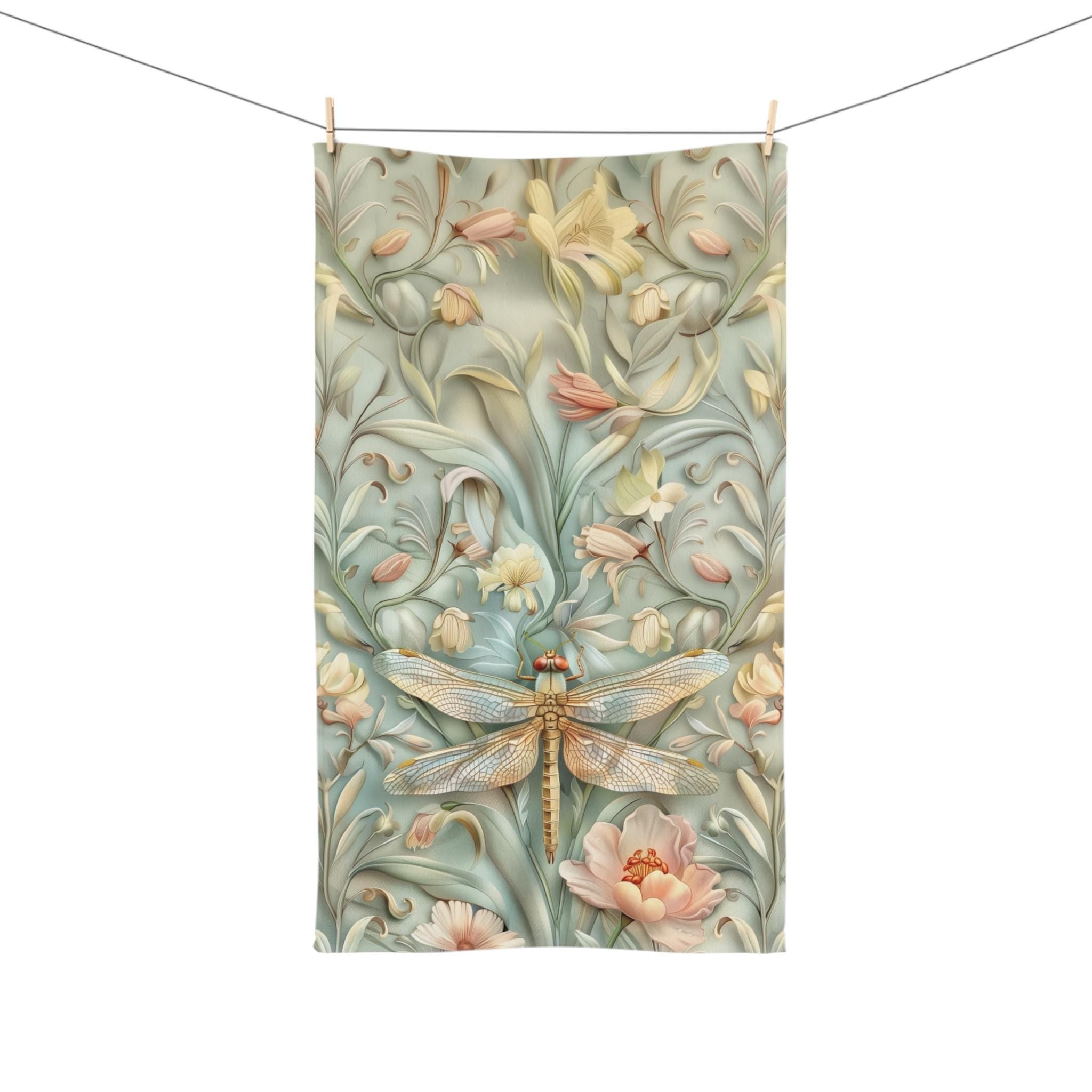William Morris Dragonfly Hand Towel: Blue, Gold Wings Pink, Cream Flowers Elegant Nature Design