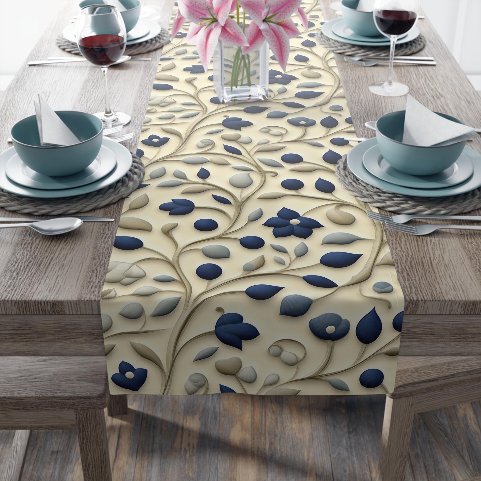 William Morris Inspired Navy & Taupe Floral Table Runner: Elegant Botanical Dining Decor