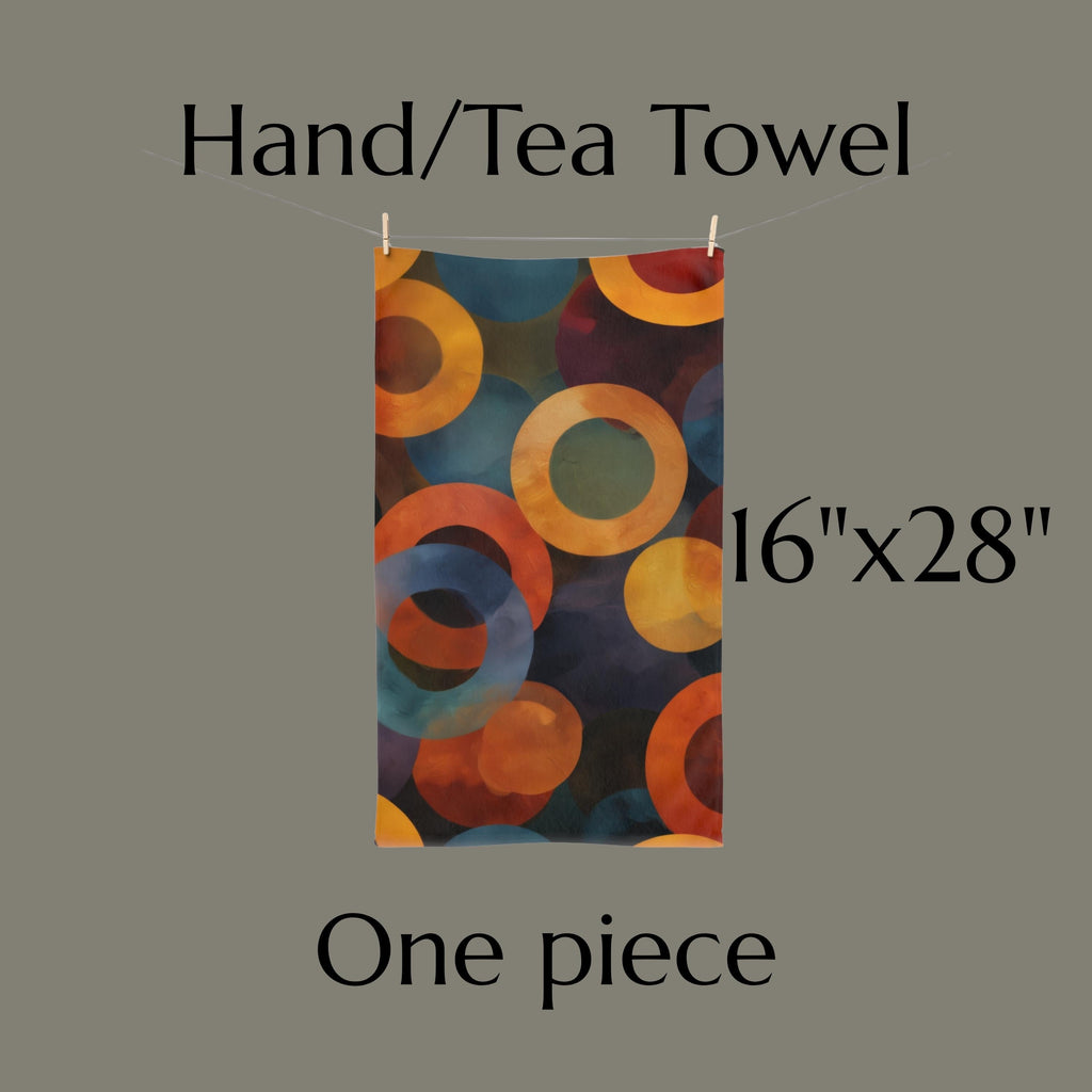 Retro Bold Circle Pattern Hand Towel: Burnt Orange, Gold, Teal on Black Background