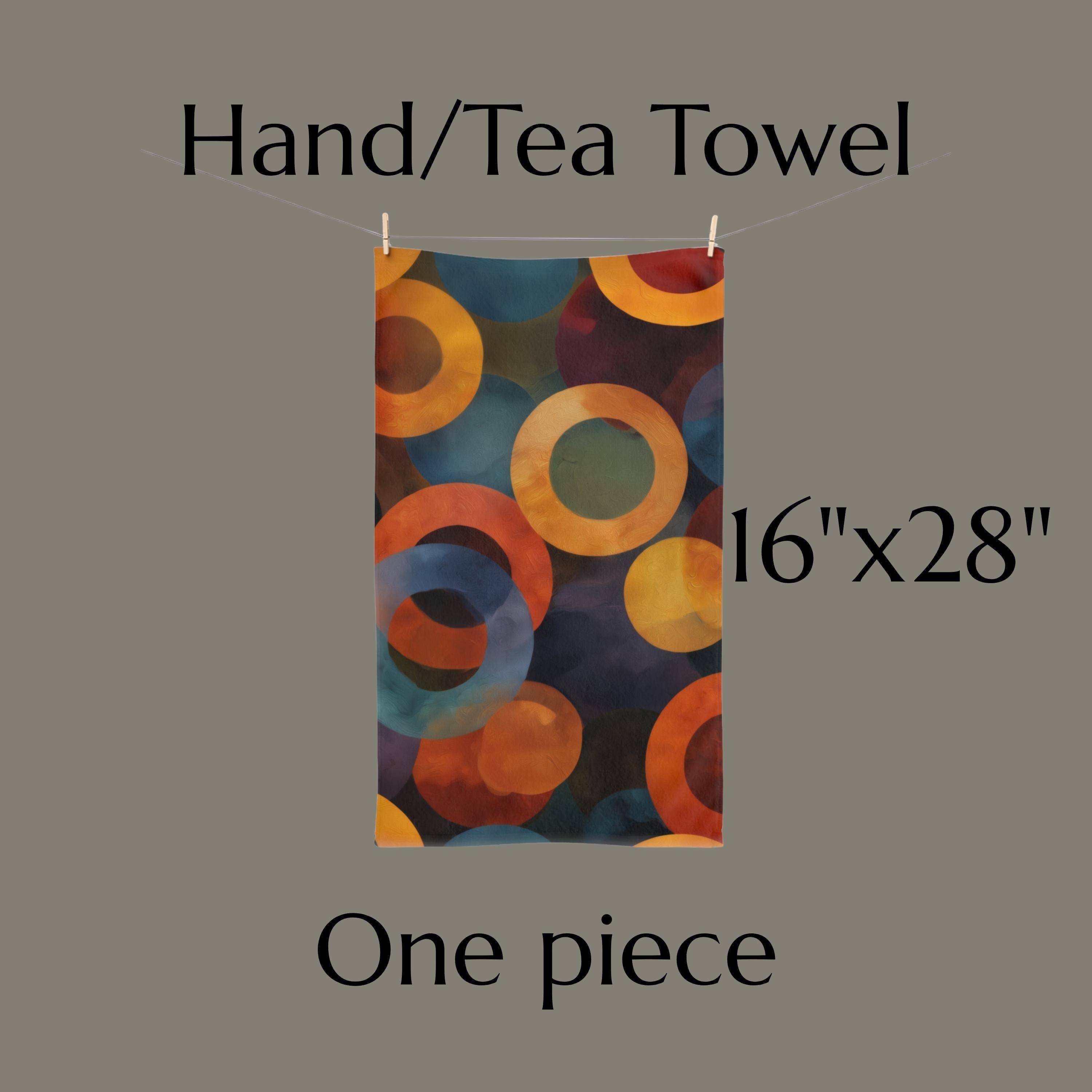 Retro Bold Circle Pattern Hand Towel: Burnt Orange, Gold, Teal on Black Background
