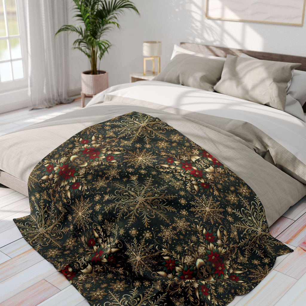 Elegant Golden Snowflake Poinsettia Fleece Blanket: Christmas Decor & Cozy Winter Gift