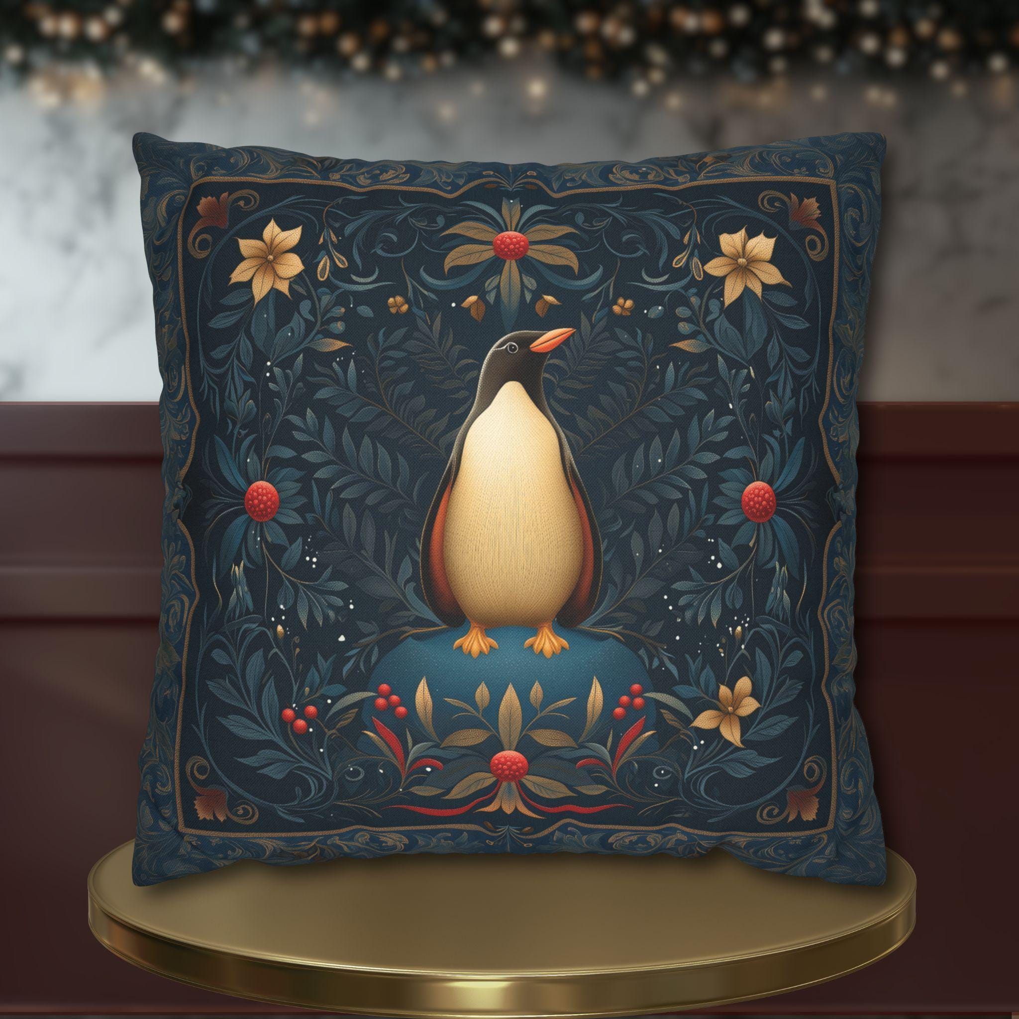 William Morris Christmas Penguin Pillow Cover:  Elegant Winter Holiday Accent