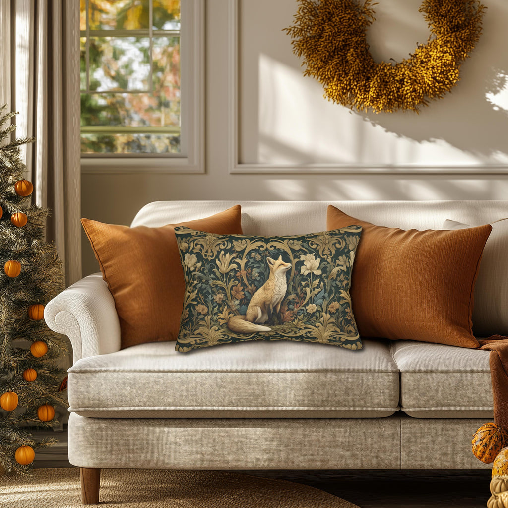 William Morris Fox Lumbar Pillow: Dark Woodland Botanical Arts & Crafts Decor