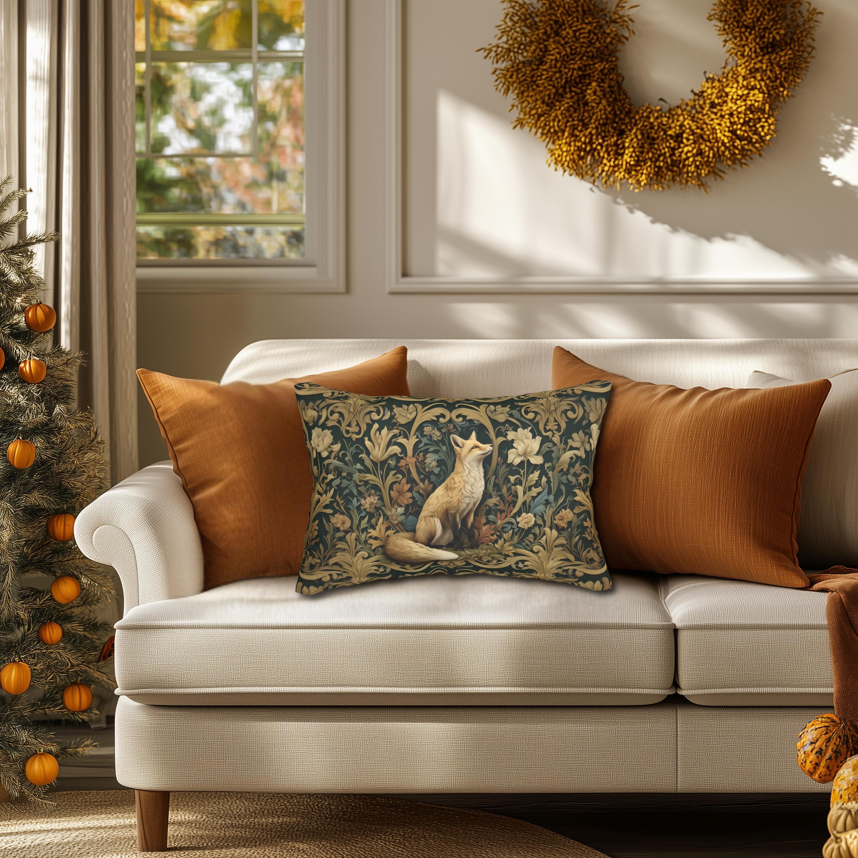 William Morris Fox Lumbar Pillow: Dark Woodland Botanical Arts & Crafts Decor