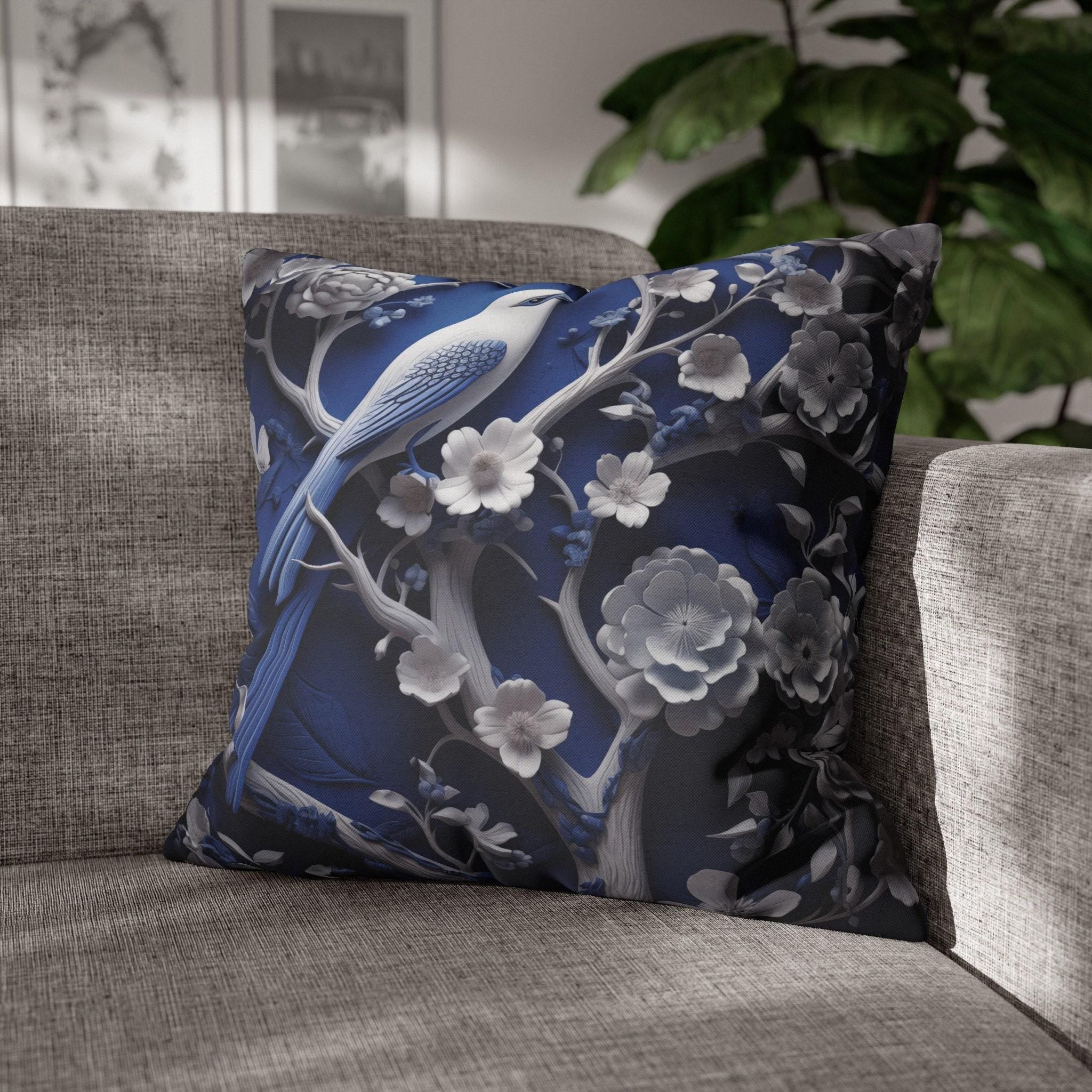Elegant Chinoiserie Blue Bird Pillow Cover: Porcelain-Inspired White Blossom Home Decor Cushion