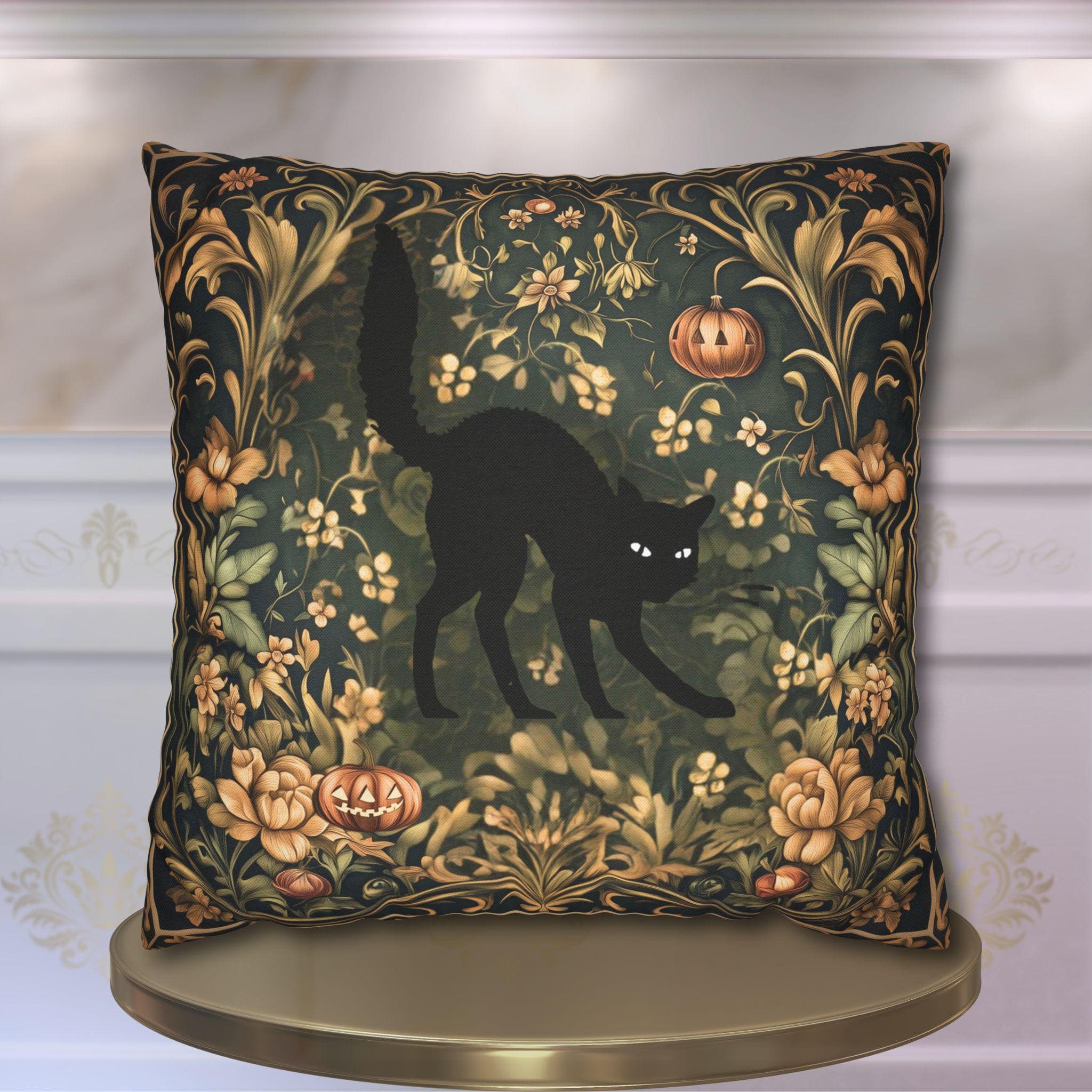 William Morris Inspired Fall Pillow Cover: Black Cat Halloween Botanical Decor
