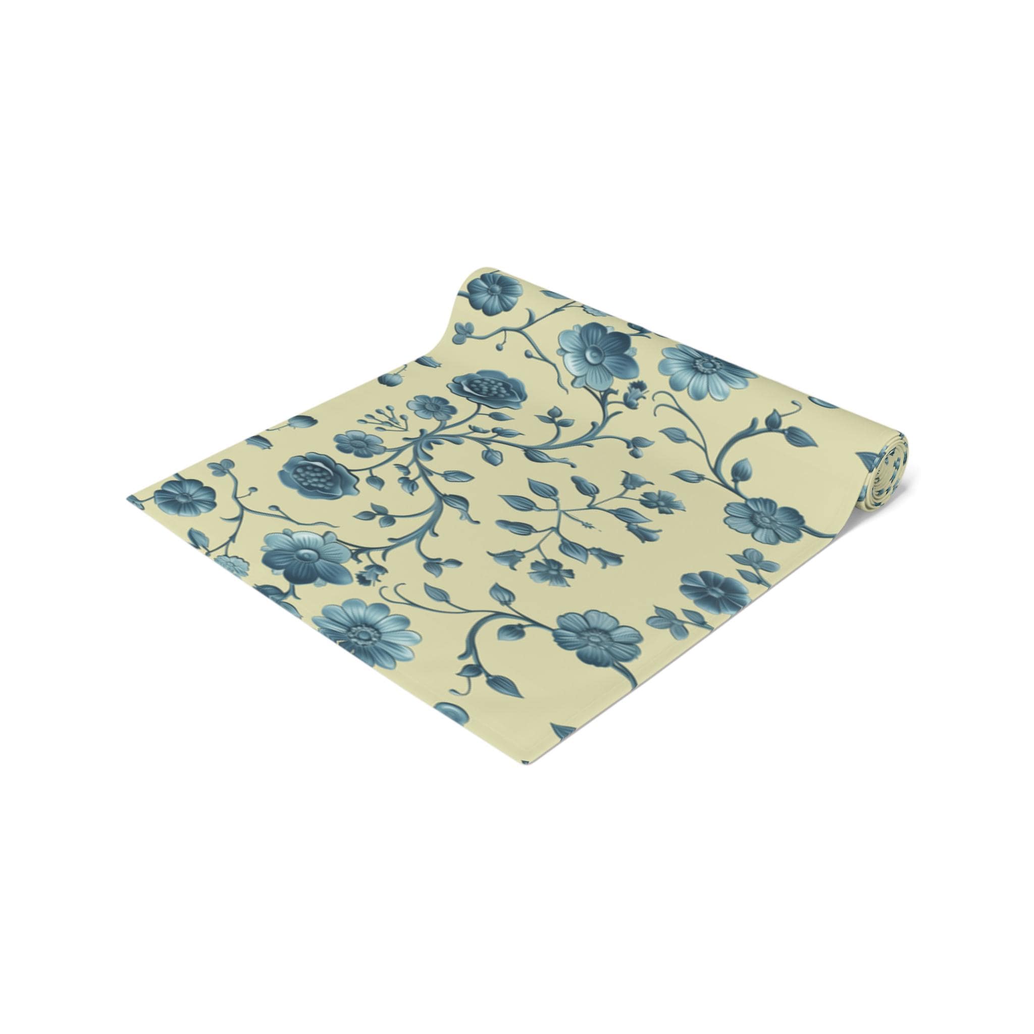 Teal Floral Chinoiserie Table Runner: Elegant Botanical Dining Decor on Buttery Yellow