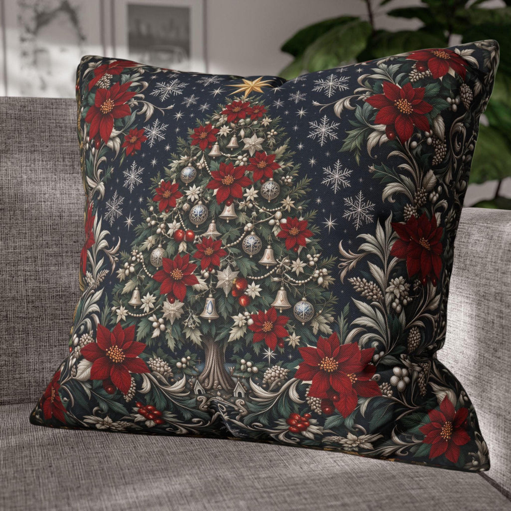 William Morris Christmas Pillow Cover: Navy Blue Poinsettia, Silver Snowflake Vintage Style Holiday