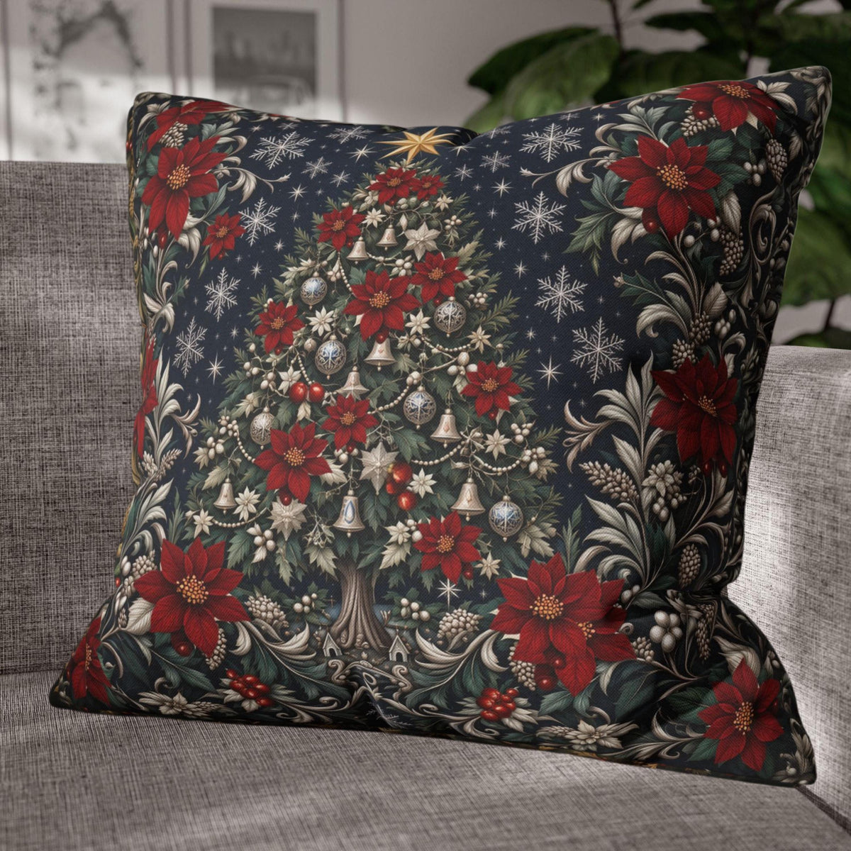 William Morris Christmas Pillow Cover: Navy Blue Poinsettia, Silver Snowflake Vintage Style Holiday