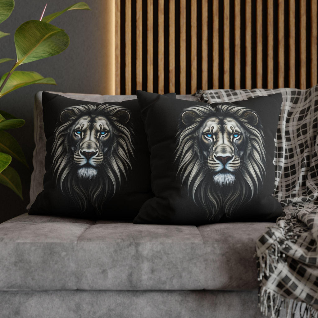 Midnight Mane Lion Pillow Cover: Ice-Blue Gaze Edition