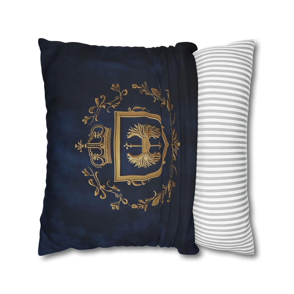 Regal Golden Emblem Navy Blue Pillow Cover: Elegant Home Decor