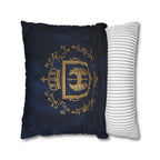 Regal Golden Emblem Navy Blue Pillow Cover: Elegant Home Decor