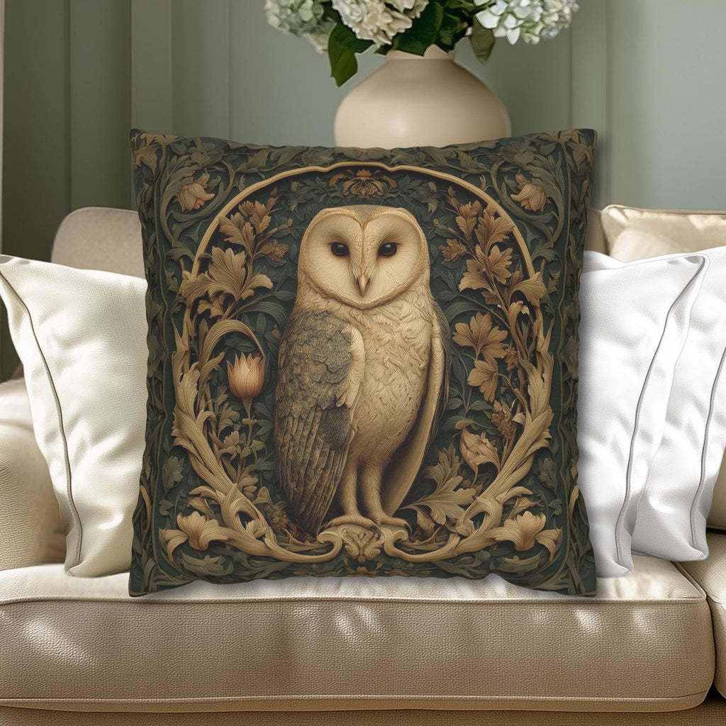 William Morris Style Pillow Cover: Woodland Owl in Moss Green & Antique Gold