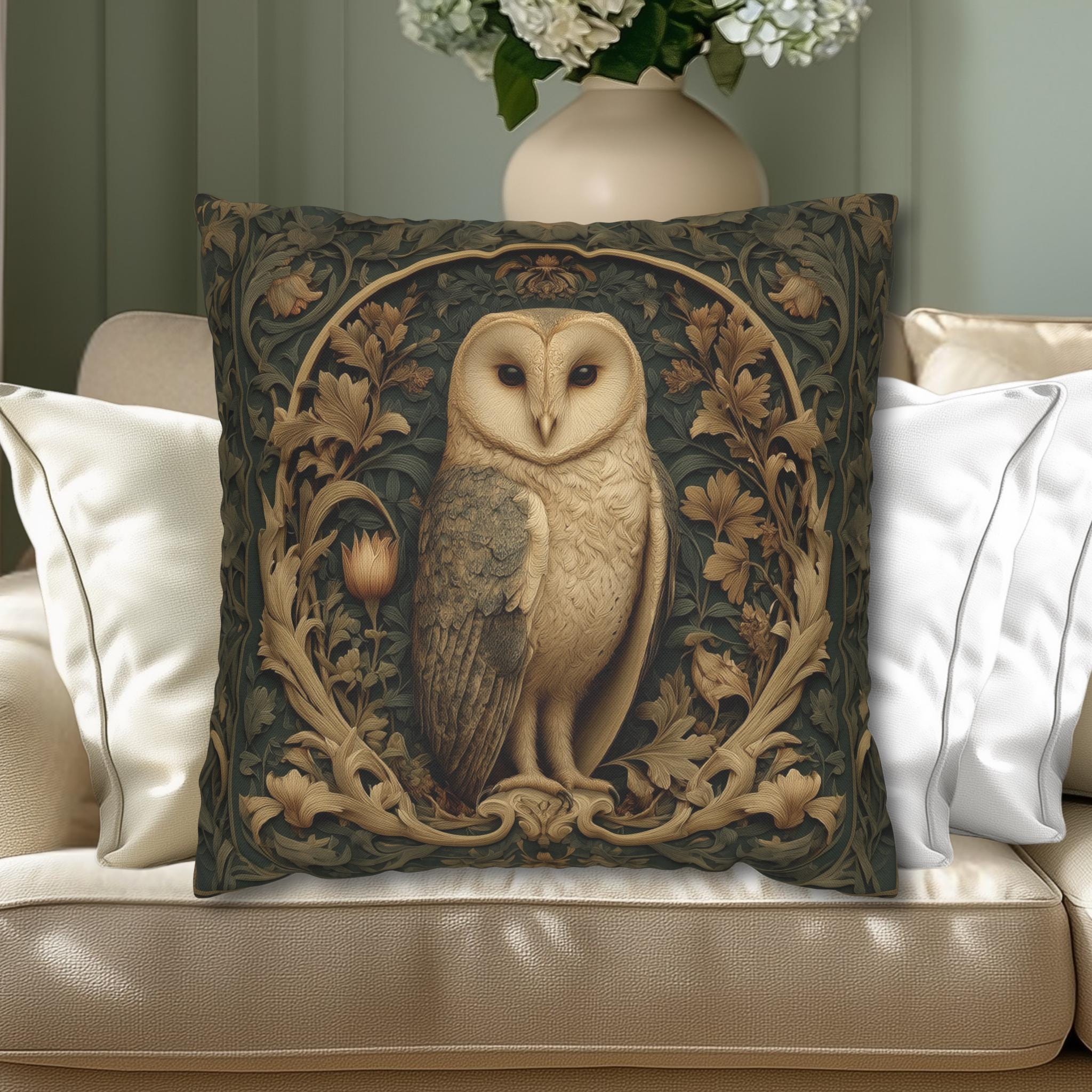 William Morris Style Pillow Cover: Woodland Owl in Moss Green & Antique Gold