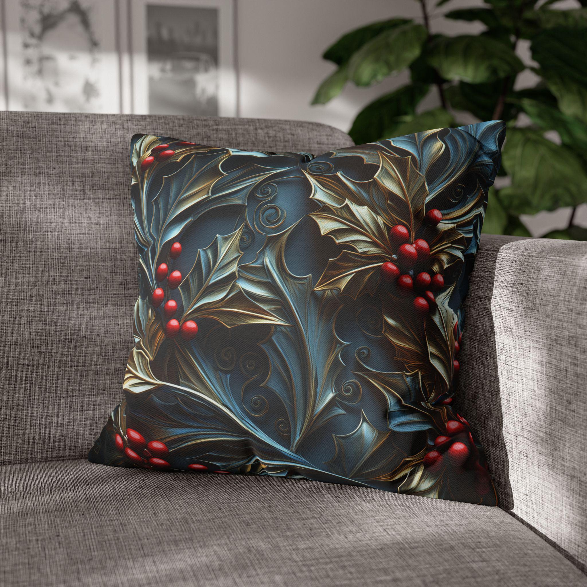 Elegant Holly Berries Pillow Cover: Festive Christmas Decor