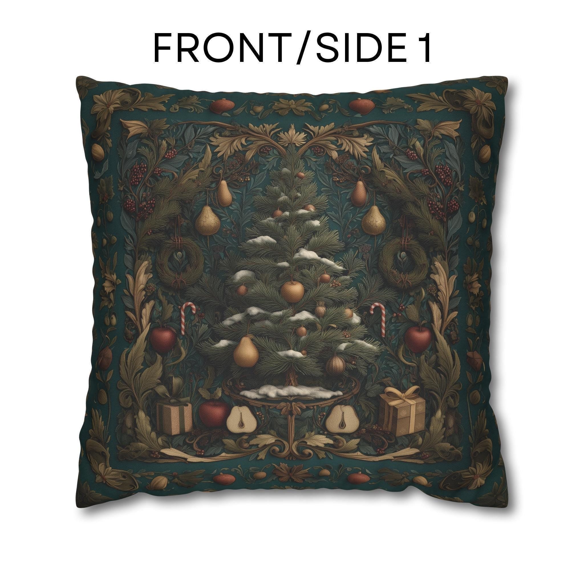 William Morris Inspired Christmas Tree Pillow Cover: Holiday Fruit & Wreath Motif