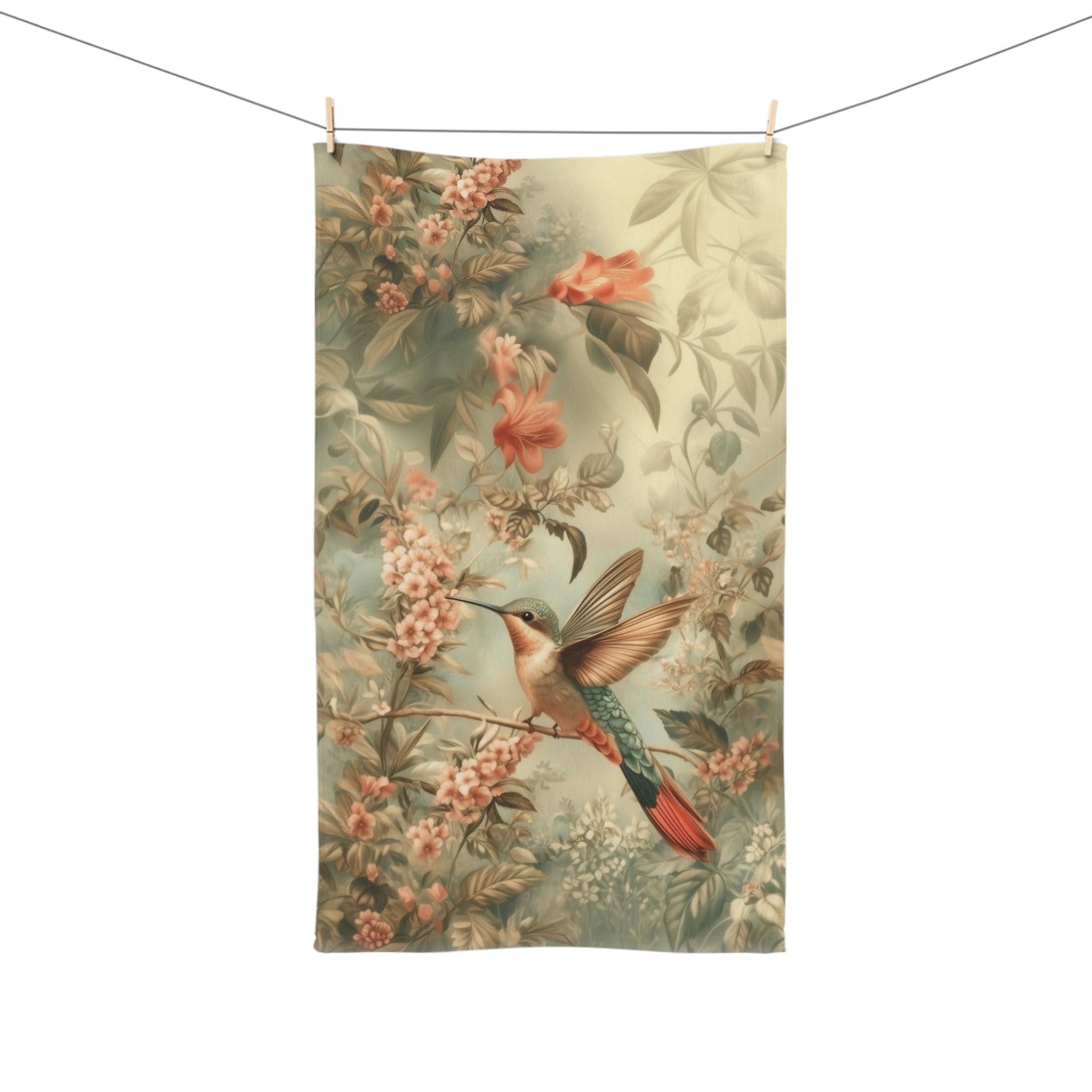 William Morris Botanical Hand Towel: Sage Blush Teal Hummingbird Arts & Crafts Design