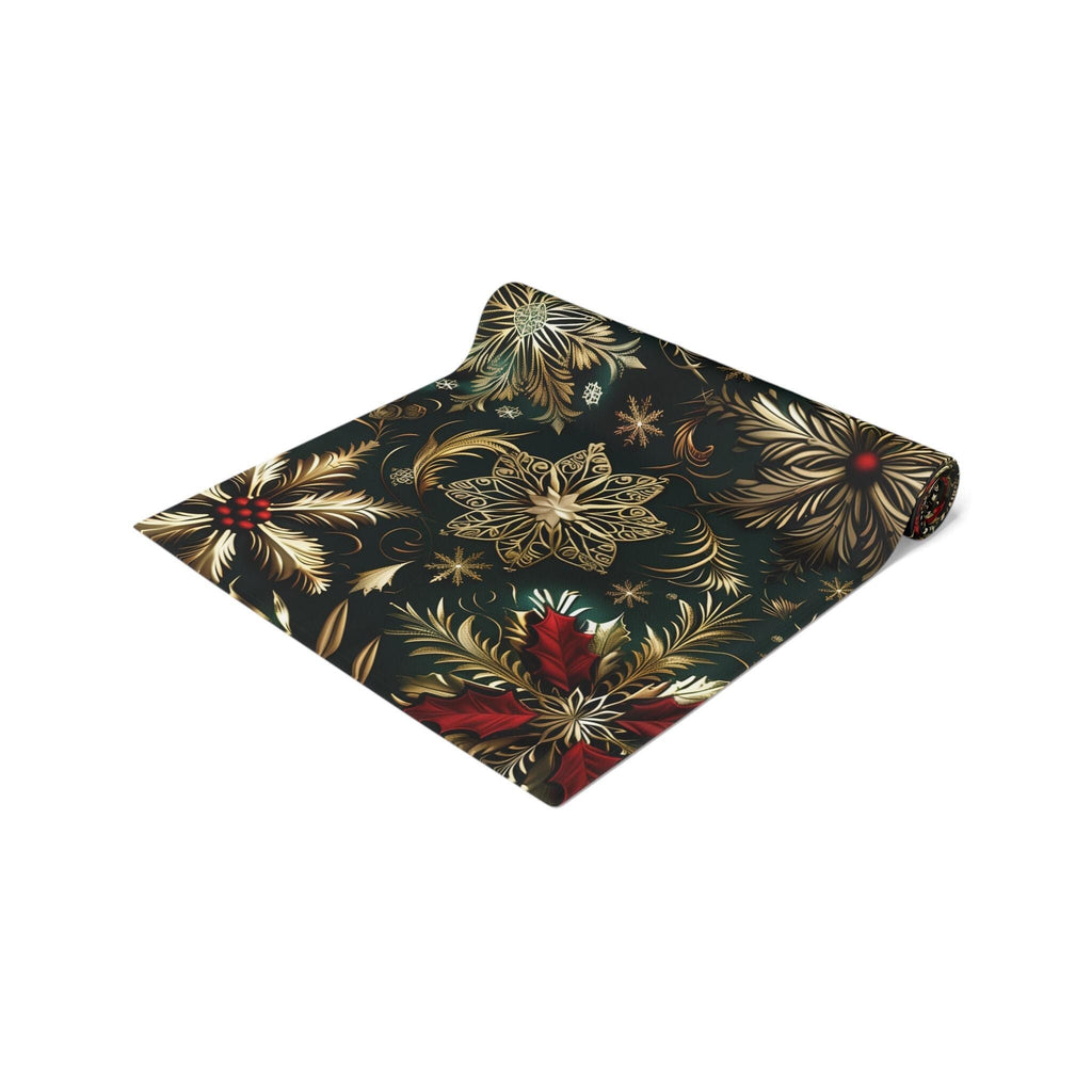 Emerald Green Holiday Table Runner: Gold Snowflakes, Red Poinsettias