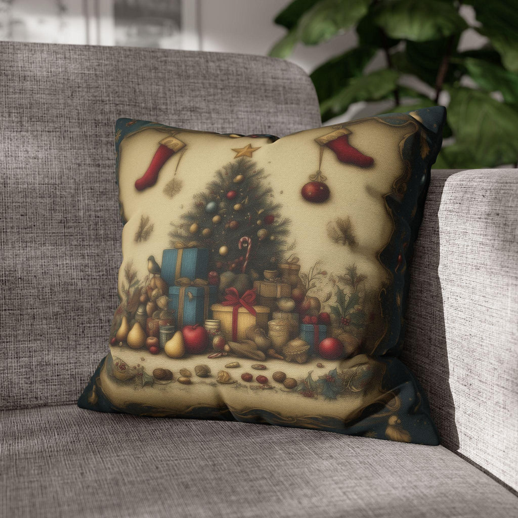 Vintage Style Christmas Nostalgia Pillow Cover: Holiday Tree with Gifts & Stockings