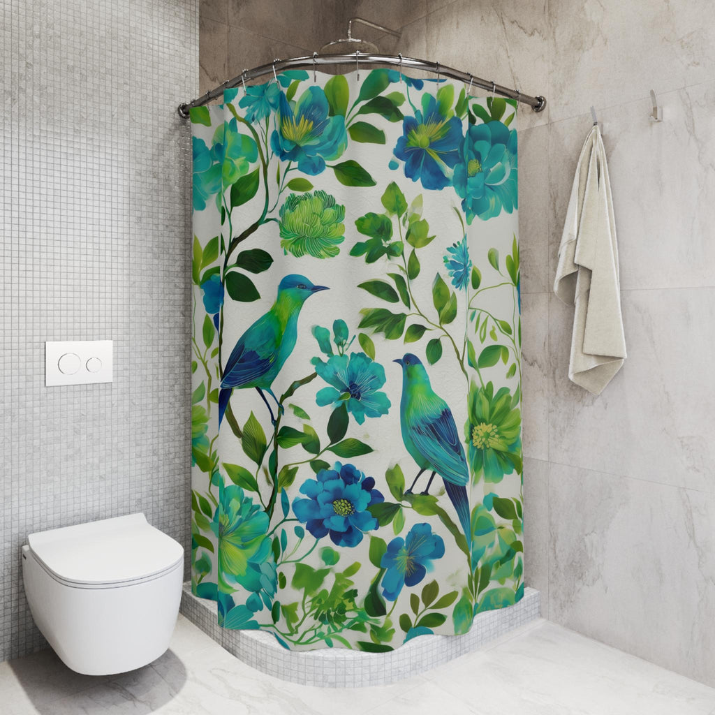 Elegant Chinoiserie Shower Curtain: Blue-Green Birds & Blossoms for Nature-Inspired Bath Decor