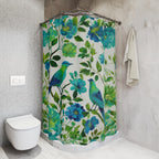 Elegant Chinoiserie Shower Curtain: Blue-Green Birds & Blossoms for Nature-Inspired Bath Decor
