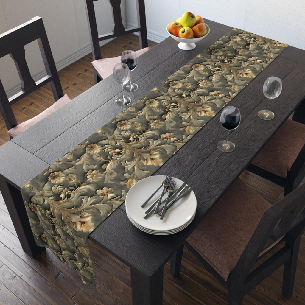 French Damask Table Runner, Golden Floral Elegant Home Decor